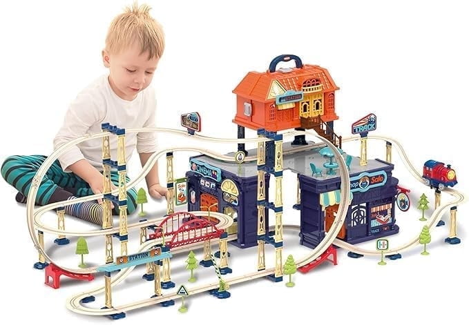 Train Track Set for Toddlers & Kids – 206 PCS Train Tracks w/Reversible Curves, Bridges, Ramps – STEM Learning Toy for 3-7 Year Old Boys & Girls