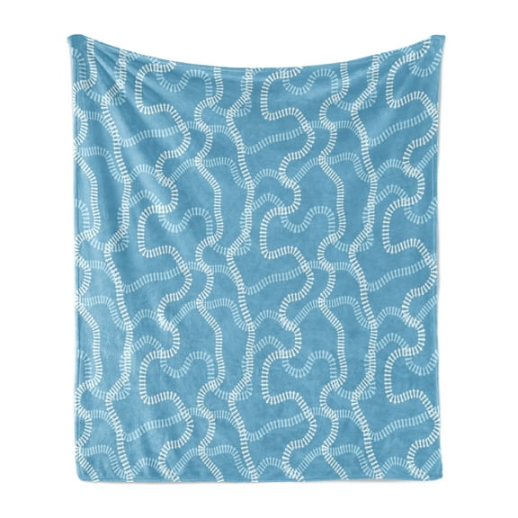 Train Track Soft Flannel Fleece Blanket, Continuous Pattern of Swirling Railroads Nursery Themed Simple Print, Cozy Plush for Indoor and Outdoor Use, 70" x 90", Blue Pale Blue White, by Ambesonne