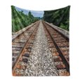 thumbnail image 1 of Train Track Soft Flannel Fleece Blanket, Creative Photo of 2 Parallel Railroad Tracks Vanishing Point on Horizon Trees, Cozy Plush for Indoor and Outdoor Use, 60" x 80", Multicolor, by Ambesonne, 1 of 5