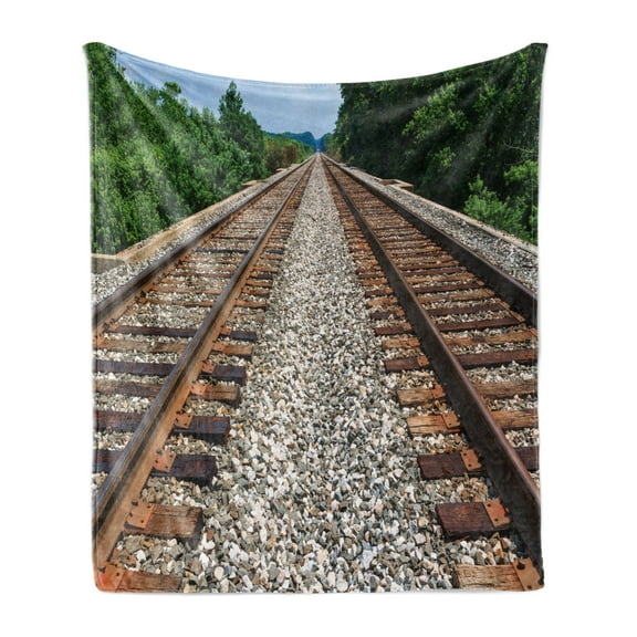 Train Track Soft Flannel Fleece Blanket, Creative Photo of 2 Parallel Railroad Tracks Vanishing Point on Horizon Trees, Cozy Plush for Indoor and Outdoor Use, 70" x 90", Multicolor, by Ambesonne