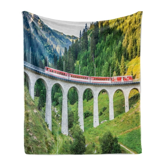 Train Track Soft Flannel Fleece Throw Blanket, Architecture Photo of Switzerland Railway Through Wild Nature Forest, Cozy Plush for Indoor and Outdoor Use, 60" x 80", Multicolor, by Ambesonne