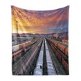 thumbnail image 1 of Train Track Soft Flannel Fleece Throw Blanket, Cargo Railroad Industry Themed Photo at Station with Dramatic Sunset Sky, Cozy Plush for Indoor and Outdoor Use, 50" x 60", Multicolor, by Ambesonne, 1 of 6