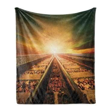 Train Track Soft Flannel Fleece Throw Blanket, Perspective Photography of Junction of Railways with Dramatic Sky, Cozy Plush for Indoor and Outdoor Use, 50" x 60", Multicolor, by Ambesonne