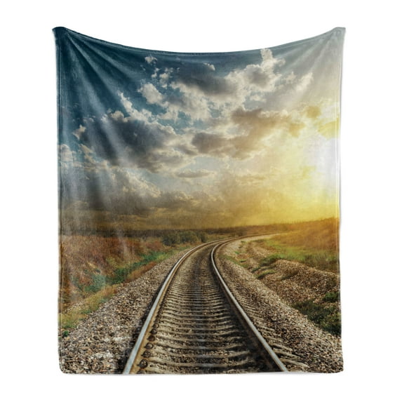 Train Track Soft Flannel Fleece Throw Blanket, Railroad Goes to Horizon in Sunset Country Rural Themed Dramatic Sky Photo, Cozy Plush for Indoor and Outdoor Use, 50" x 60", Multicolor, by Ambesonne