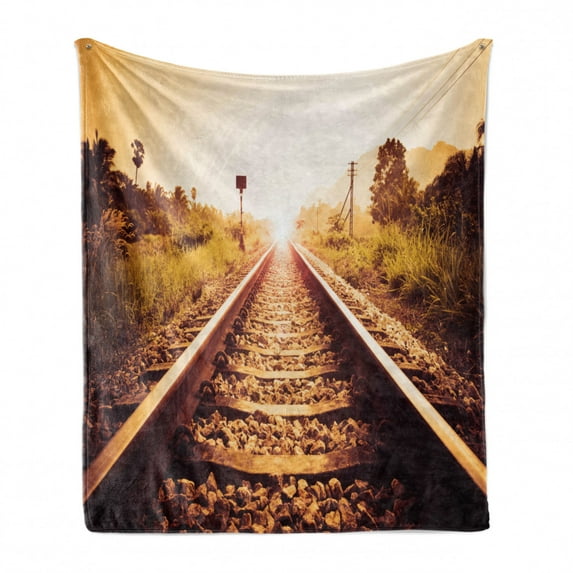 Train Track Soft Flannel Fleece Throw Blanket, Rustic Themed Retro Railroad Photo with Sun in Horizon and Trees at Sides, Cozy Plush for Indoor and Outdoor Use, 60" x 80", Multicolor, by Ambesonne