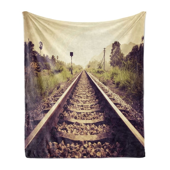 Train Track Soft Flannel Fleece Throw Blanket, Vintage Rural Inspired Railroad and Trees Photography Shoot from Low Angle, Cozy Plush for Indoor and Outdoor Use, 50" x 60", Multicolor, by Ambesonne
