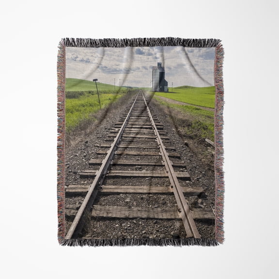 Train Tracks And Grain Elevator In Eastern Washington., Woven Blanket