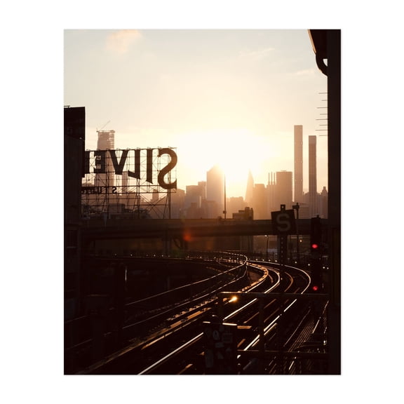 Train Tracks Under the Silvercup Studios Sign 01 - Queens New York Photography Cityscape Sunset Silhouette Skyline Industrial Railroad Architecture Unframed Wall Art Print 8 x 10 inches