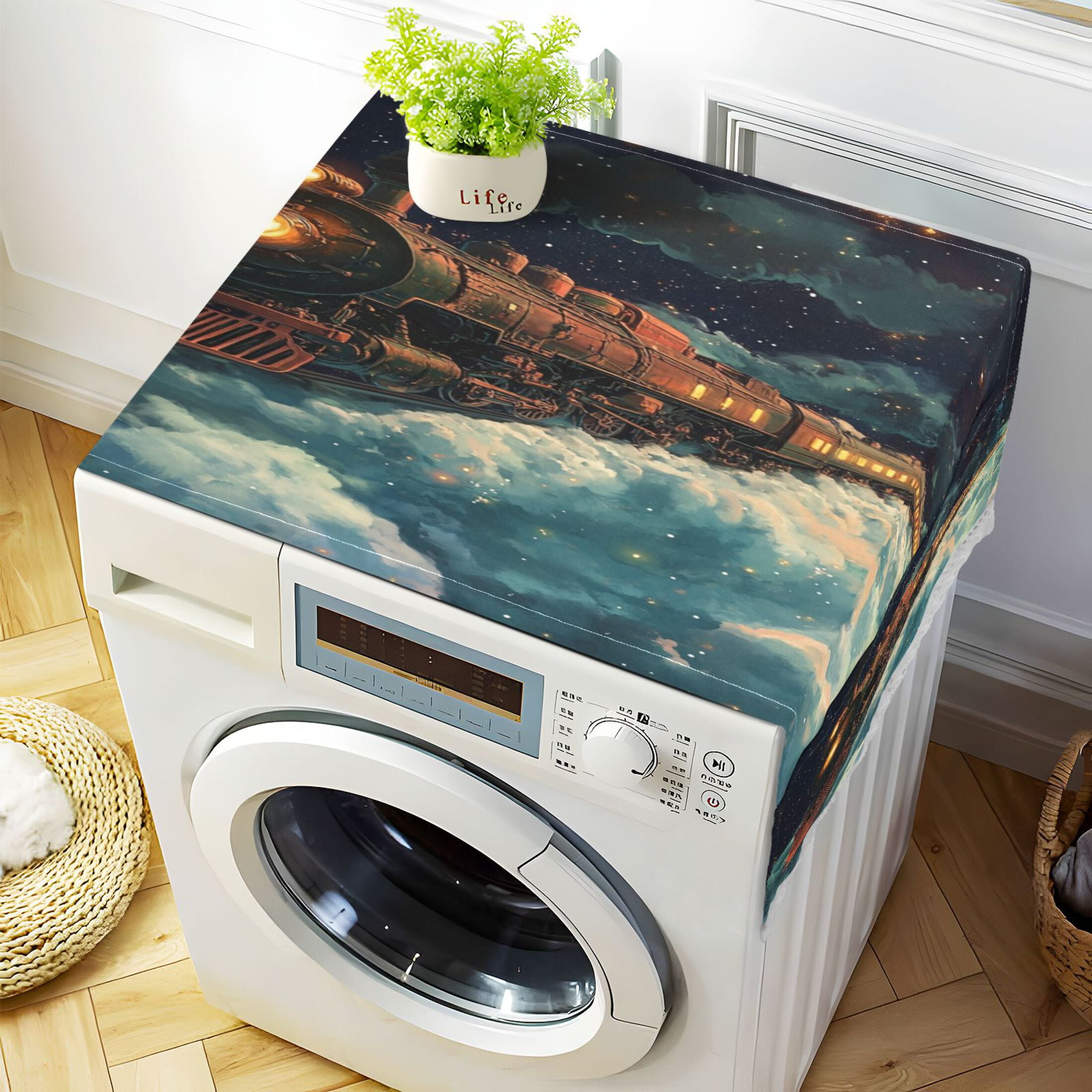 The Train Travels in SpaceWasher and Dryer Covers Dust-Proof and Oil Resistant Fridge Cover with 4 Storage Pockets Washing Machine Top Cover for Laundry Kitchen Home 51.2 x 22 In
