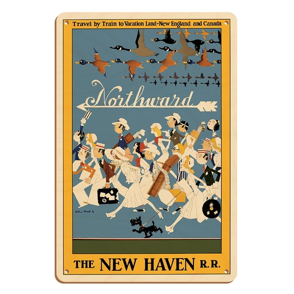 By Train to Vacation Land - New England and Canada - New Haven Railroad - Vintage Railroad Travel Poster by John Held Jr. c.1925 - 8 x 12 inch Vintage Wood Art Sign