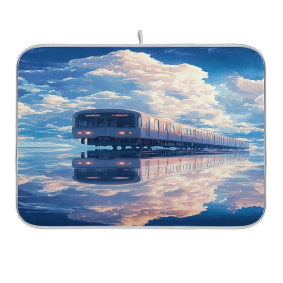 Train in Blue Sky Dish Drying Mat 16x18 Absorbent Microfiber Draining Rack Pad for Kitchen Counter Sink