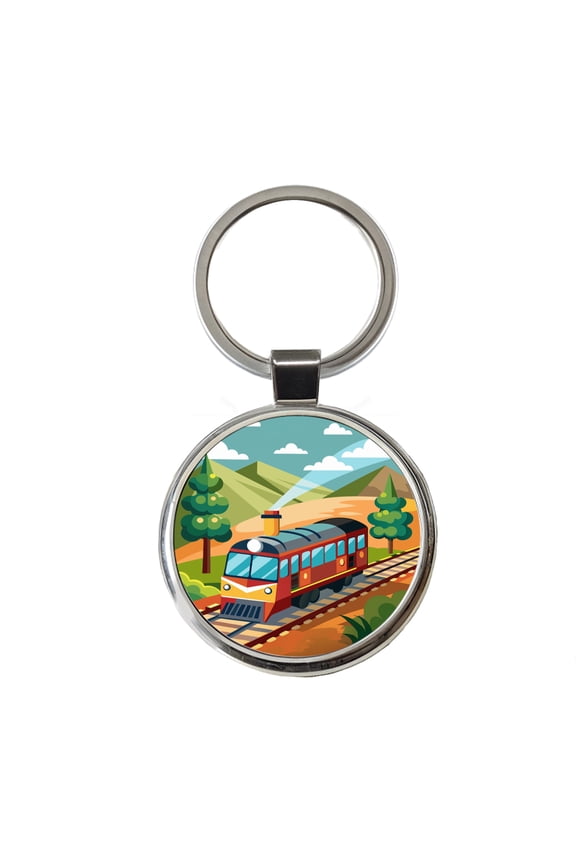 Train on Track Metal Round Keychain