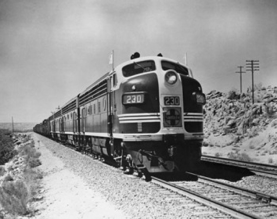 Train on a railroad track Santa Fe Railway Victorville California USA Canvas Art - (18 x 24)