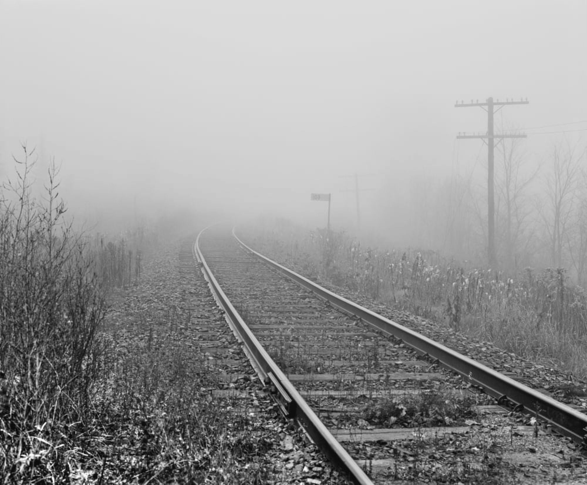 Train track in the fog Foster Quebec Canada Canvas Art - David Chapman Design Pics (17 x 14)