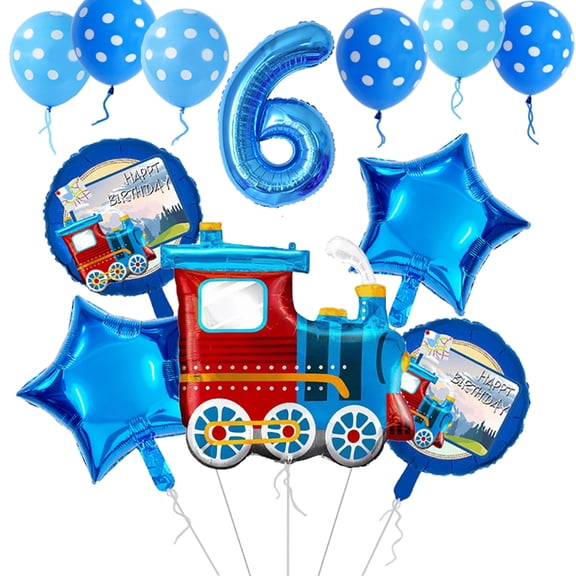 Train transportation aluminum foil balloons, blue steam train stars, helium balloons, children and babies' baptisms, 6 years old birthday parties, decorative balloons.