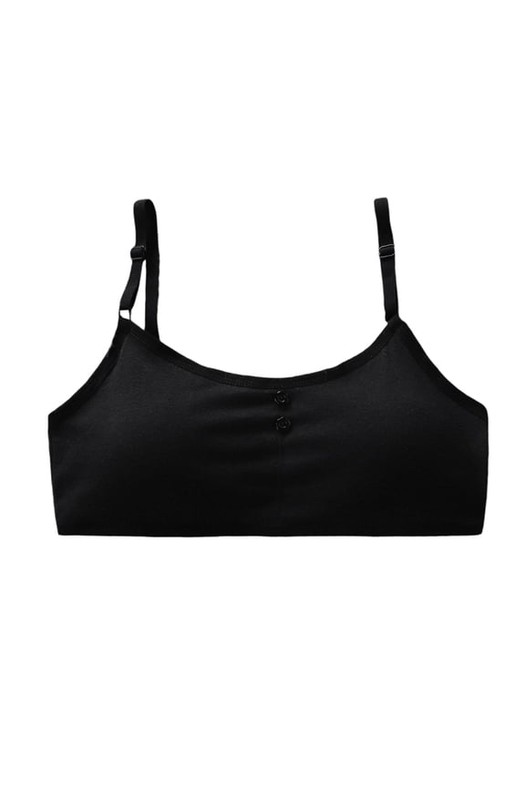 Training Bras For Girls 10–14 Adjustable Spaghetti Strap Front Double Button Decor Cami Bra Solid Fixed Padded Wireless Cotton Puberty Underwear Vest No Steel Ring Breathable Teen Crop Top