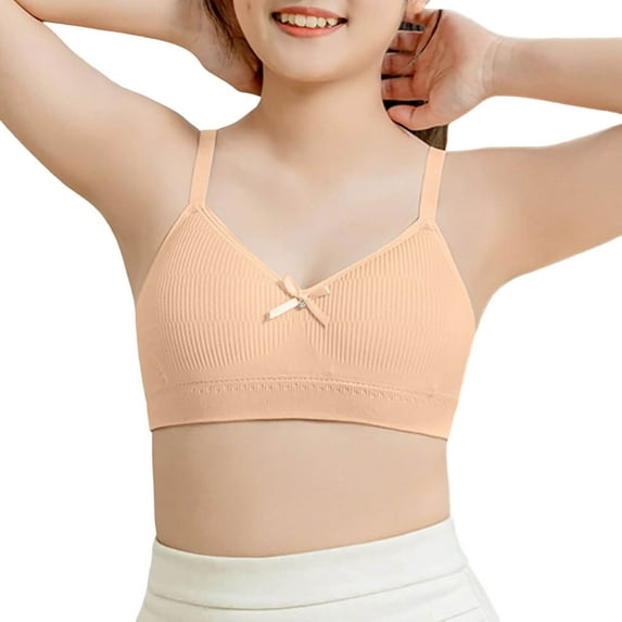 Training Bras for Girls - Girls Seamless Crop Bra Sports Camisole Top Lightweight Wire-Free Training & Everyday Wear - Girls Bras,Color:Beige,Size:10-12 Years