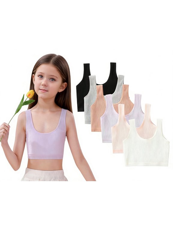 Training Bras for Girls Seamless Cotton Stretch, Cami Striped Vest Bralette, 6PCS Soft Breathable Youth Sports Bra for Tweens