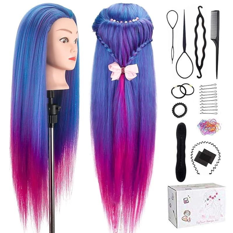 Training Head, TopDirect 29" Colorful Hair Mannequin Manikin Head Cosmetology Doll Head Practice Styling Hairdressing Training Braiding Heads with Clamp Holder and Tool Set