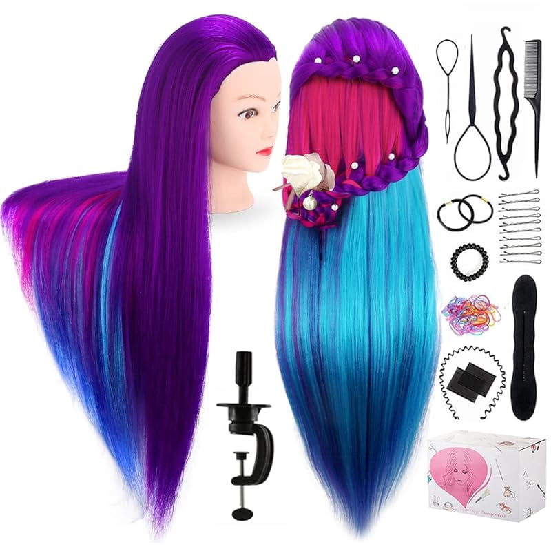 Training Head, TopDirect 29" Colorful Hair Mannequin Manikin Head Cosmetology Doll Head Practice Styling Hairdressing Training Braiding Heads with Clamp Holder and Tool Set