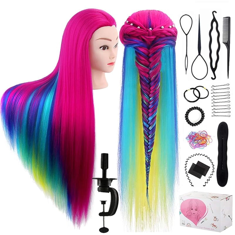Training Head, TopDirect 29" Colorful Hair Mannequin Manikin Head Cosmetology Doll Head Practice Styling Hairdressing Training Braiding Heads with Clamp Holder and Tool Set