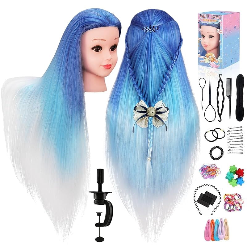 Training Head, TopDirect 29" Colorful Hair Mannequin Manikin Head Cosmetology Doll Head Practice Styling Hairdressing Training Braiding Heads with Clamp Holder and Tool Set