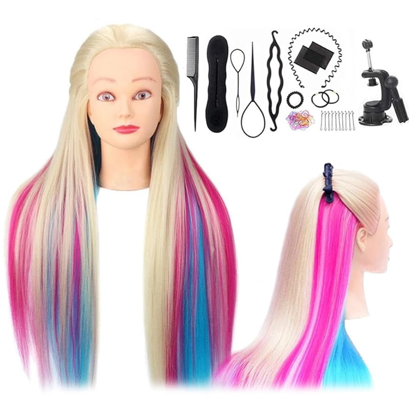 Training Head, TopDirect 29" Colorful Hair Mannequin Manikin Head Cosmetology Doll Head Practice Styling Hairdressing Training Braiding Heads with Clamp Holder and Tool Set