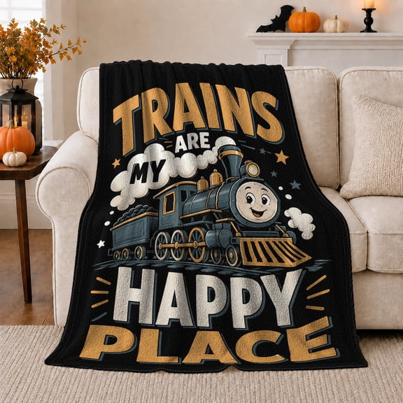 Trains Are My Happy Place Quote with Smiling Engine, Playful Vintage Rail Graphic for Train Lovers, Cozy Flannel Blanket for Playroom and Game Room, Birthday Gift, Home Decor
