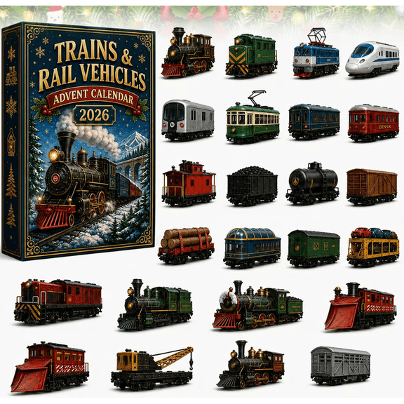 Trains & Rail Vehicles Advent Calendar 2026 24 Days Advent Calendar with Blind Box with Vehicles-Themed Surprises Blind Box Countdown Set with Collectibles for Fans