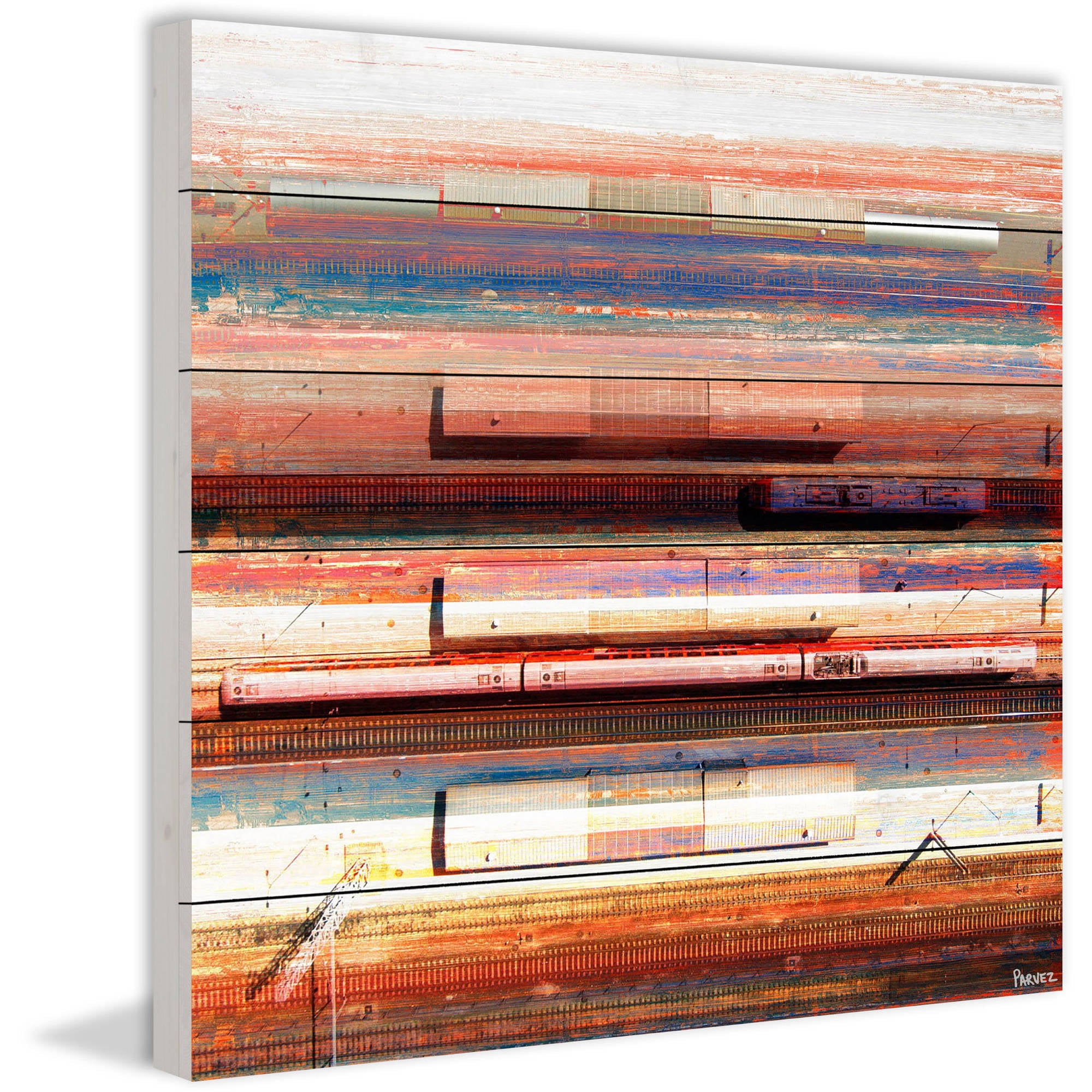 "Trains on Tracks" Painting Print on White Wood