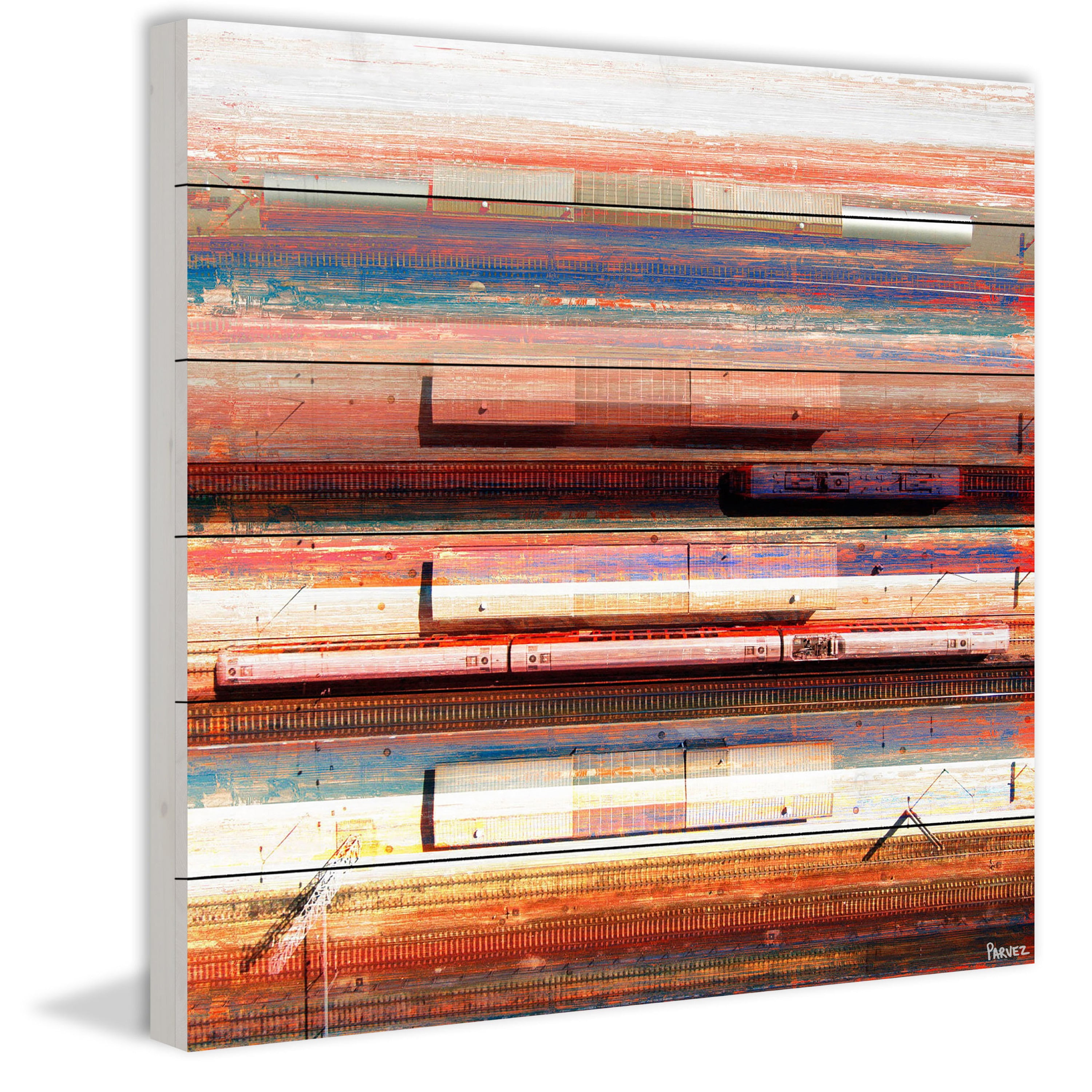 "Trains on Tracks" Painting Print on White Wood