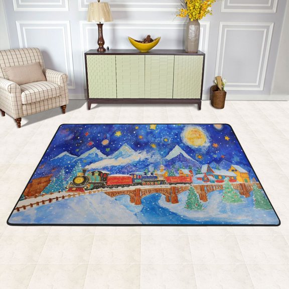 Trains with Moon Snow Mountains Area Rug Washable 72 x 48 Floor Carpet Mat Non Slip for Bedroom Living Room Kids Room Home Decor