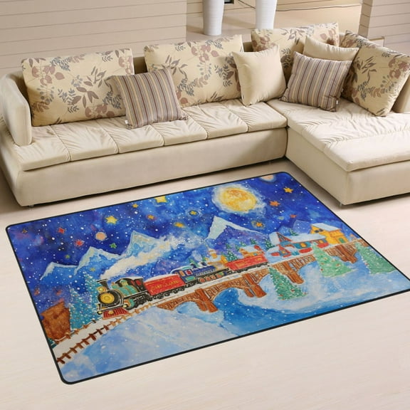 Trains with Moon Snow Mountains Area Rug Washable Floor Carpet Mat 60 x 39 inch for Bedroom Living Room Kids Room Home Decor