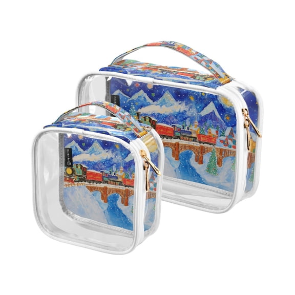Trains with Moon Snow Mountains Clear Cosmetic Bags with Handles PVC Toiletry Bags Zipper Waterproof Portable for Traveling 2 Pcs