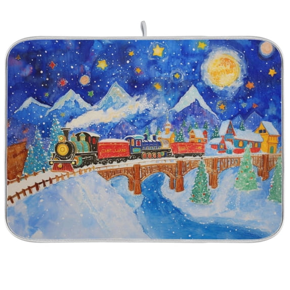 Trains with Moon Snow Mountains Dish Drying Mat Dish Drainer Rack Mats Water Absorbent Non-Slip Easy Clean Heat Resistant for Kitchen Counter