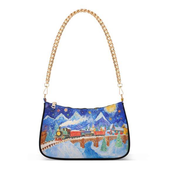 Trains with Moon Snow MountainsWomen Small Shoulder Bag Crossbody Tote Hobo Bags Purse Clutch Handbags with Chain Strap for Women