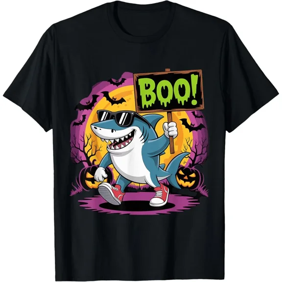 Tralalero Shark Boo Sign Funny Brainrot Halloween Eerie Graphic Unisex T-Shirt, up to Size 5XL