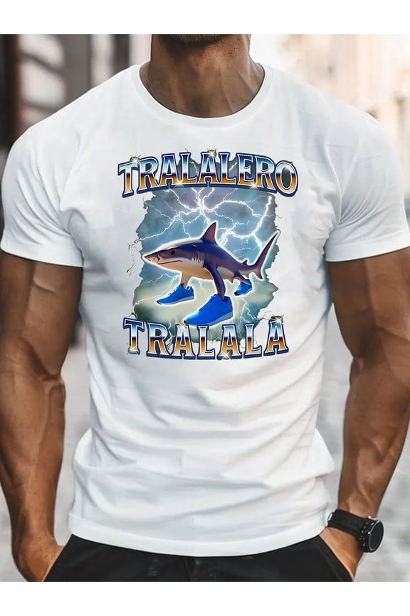 Tralalero Tralala Men's Funny Shark Wearing Shoes Graphic T-Shirt - Black Casual Short Sleeve Round Neck Tee with Cartoon Design, Machine Washable Summer Top for Daily Wear & Gifts