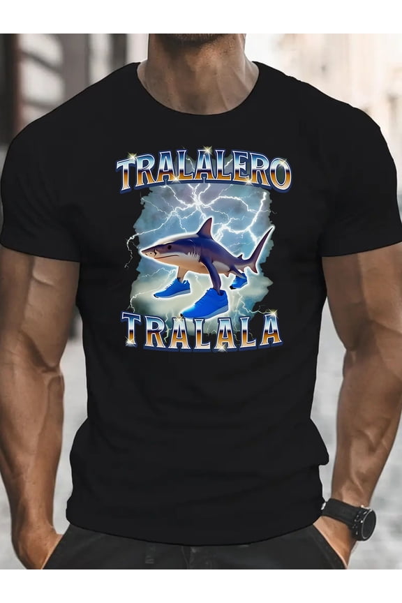 Tralalero Tralala Men's Funny Shark Wearing Shoes Graphic T-Shirt - Black Casual Short Sleeve Round Neck Tee with Cartoon Design, Machine Washable Summer Top for Daily Wear & Gifts