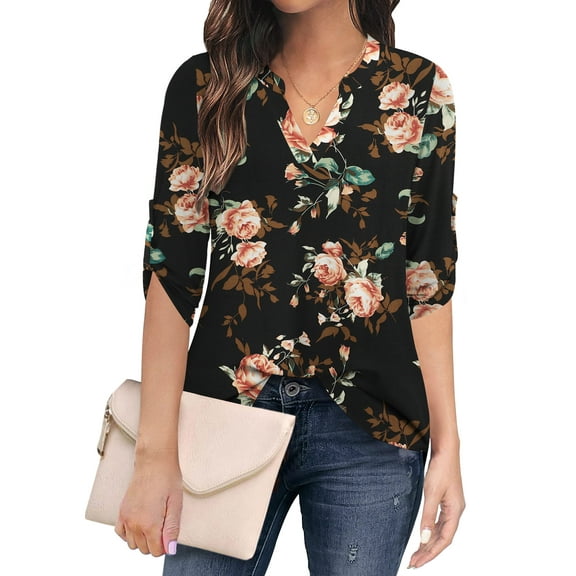Traleubie Plus Size Floral Tunic Tops for Womens 3/4 Roll Sleeve V Neck Blouses Long Sleeve Shirts of Female