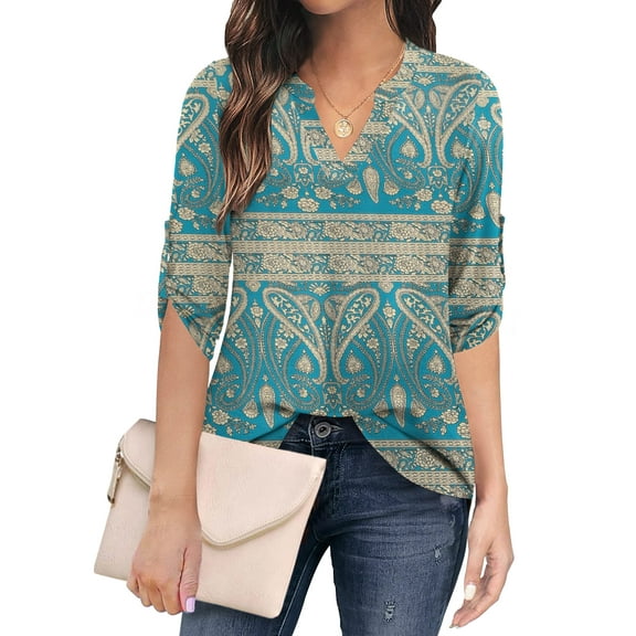 Traleubie Plus Size Floral Tunic Tops for Womens 3/4 Roll Sleeve V Neck Blouses Long Sleeve Shirts of Female