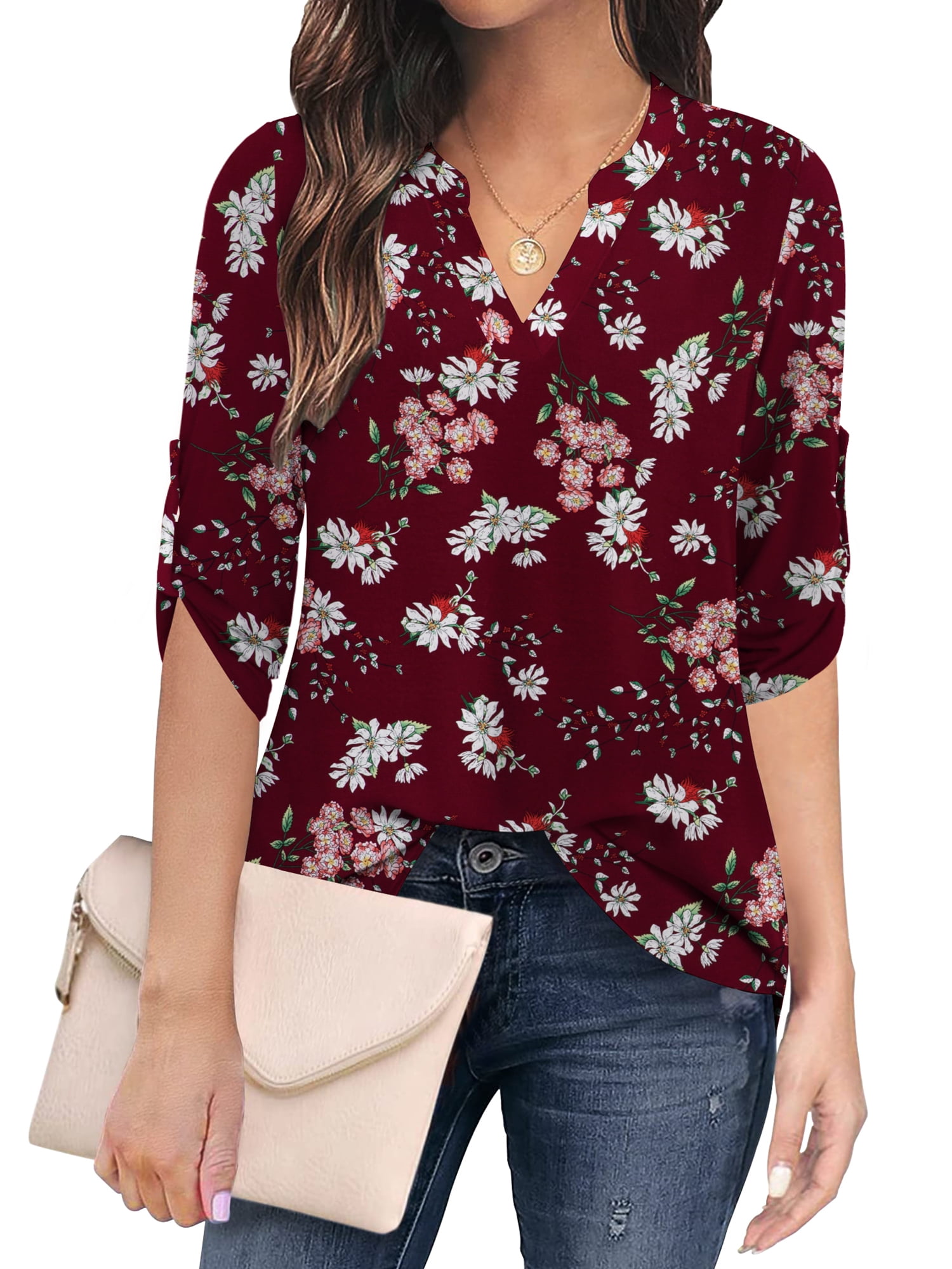 Traleubie Plus Size Floral Tunic Tops for Womens 3/4 Roll Sleeve V Neck ...
