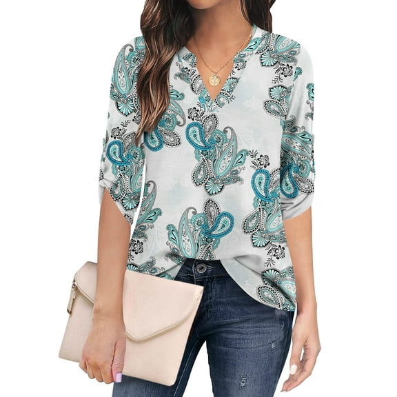 Traleubie Plus Size Floral Tunic Tops for Womens 3/4 Roll Sleeve V Neck Blouses Long Sleeve Shirts of Female