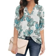 Traleubie Plus Size Floral Tunic Tops for Womens 3/4 Roll Sleeve V Neck Blouses Long Sleeve Shirts of Female