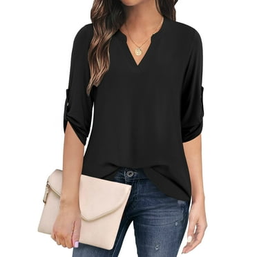 Traleubie Plus Size Floral Tunic Tops for Womens 3/4 Roll Sleeve V Neck Blouses Long Sleeve Shirts of Female