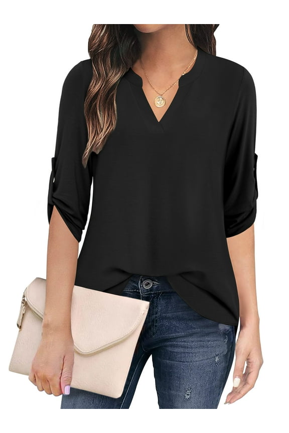 Plus Size Floral Tunic Tops for Womens 3/4 Roll Sleeve V Neck Blouses Long Sleeve Shirts of Female