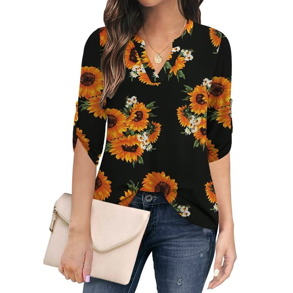 Traleubie Plus Size Floral Tunic Tops for Womens 3/4 Roll Sleeve V Neck Blouses Long Sleeve Shirts of Female