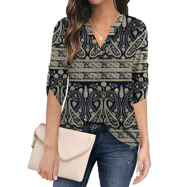 Traleubie Plus Size Floral Tunic Tops for Womens 3/4 Roll Sleeve V Neck