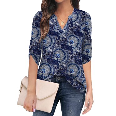 POSESHE Women's Plus Size Tunic Tops 3/4 Roll Sleeve Tops V Neck Shirts Casual Blouses, Wine Red, 4XL Plus