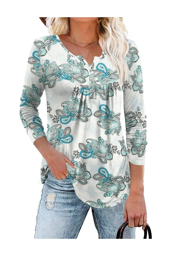 Plus Size Tunic Tops Long Sleeve Casual Floral Printed Henley Shirts for Women M-4XL